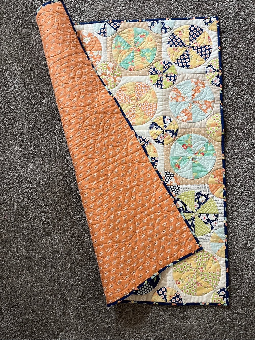 Handmade Pinwheel Quilt in Peach, Mint, Navy & Cream - Picture 2 of 3